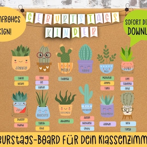May include: A colourful printable birthday chart for a classroom. The chart features a cactus design with each month of the year represented by a different cactus pot. Each pot has a space to write the names of students with birthdays in that month.
