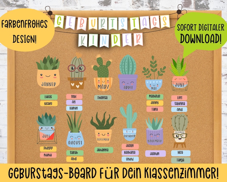May include: A colourful printable birthday chart for a classroom. The chart features a cactus design with each month of the year represented by a different cactus pot. Each pot has a space to write the names of students with birthdays in that month.