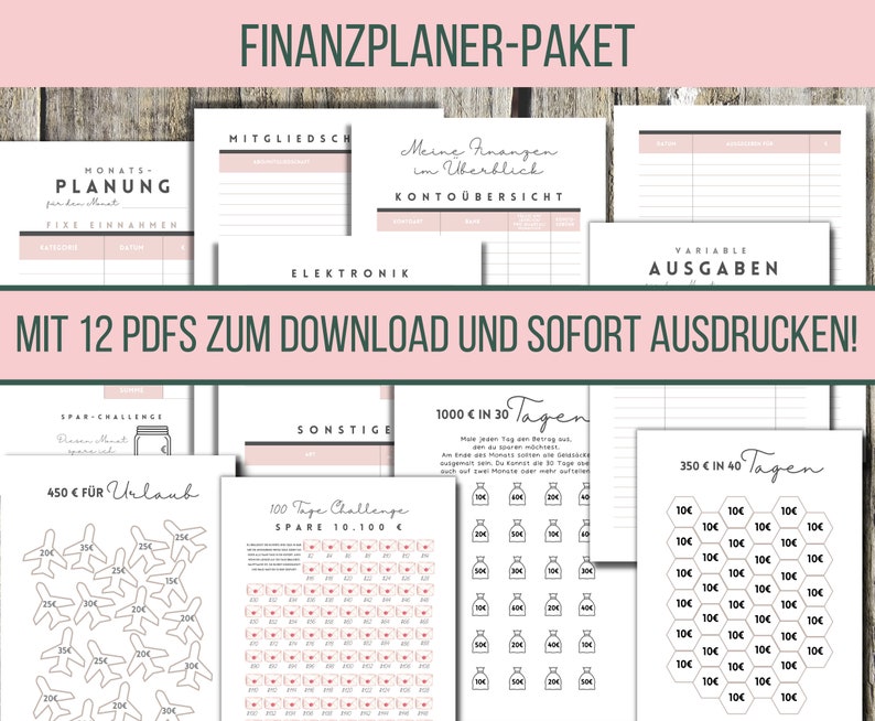 May include: A set of printable financial planning sheets in German, featuring headings like "Monthly Planning," "Membership," and "Variable Expenses." The sheets have pink accents and are designed for download and printing.