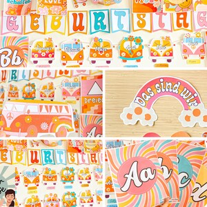 May include: A set of colourful classroom decorations with a 70s theme. The decorations include a rainbow banner with the words "Das sind wir", a banner with the word "Geburtstage", and a set of colourful letters that spell out "AaBbCcDd".