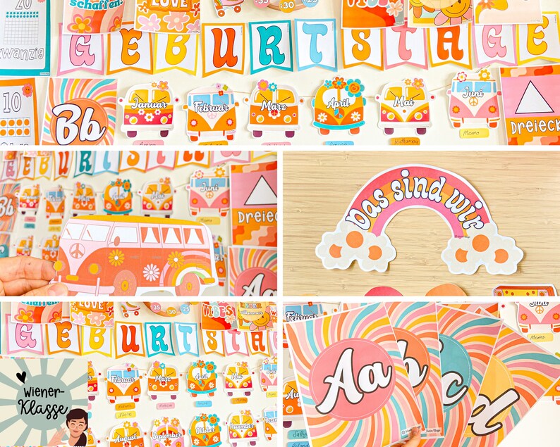 May include: A set of colourful classroom decorations with a 70s theme. The decorations include a rainbow banner with the words "Das sind wir", a banner with the word "Geburtstage", and a set of colourful letters that spell out "AaBbCcDd".