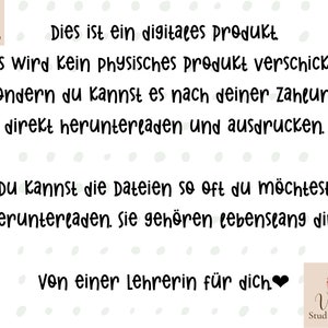 May include: A digital product announcement in German. The text reads: "This is a digital product. No physical product will be shipped. Instead, you can download it after your payment and print it out. You can download the files as often as you like. They are yours forever! From a teacher for you."