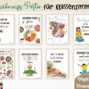 Puede incluir: Un conjunto de ocho carteles coloridos con ilustraciones y texto sobre la alimentación saludable. Los carteles presentan frases como "Comer sano me da fuerza", "Mi cuerpo merece comida saludable" y "Comer sano me hace feliz".