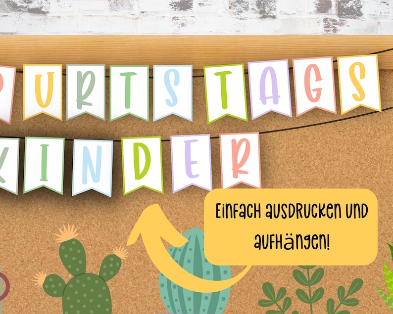May include: A colourful banner with the text "URTSTAGS KINDER" in rainbow colours. The banner is hanging on a corkboard with a yellow arrow pointing to the text "Einfach ausdrucken und aufh&auml;ngen!" which means "Simply print and hang!" in German.