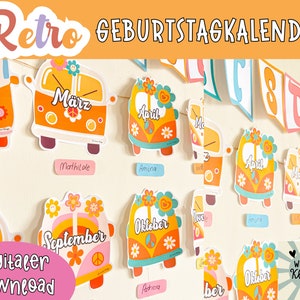 Geburtstags-Kalender für Klassenzimmer I Retro I Klassenraum Deko Deutsch I farbenfroh I Wiener Klasse I rosa Flowerpower Deko I VW Busse