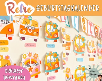 Geburtstags-Kalender für Klassenzimmer I Retro I Klassenraum Deko Deutsch I farbenfroh I Wiener Klasse I rosa Flowerpower Deko I VW Busse
