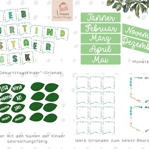 May include: Printable green and white birthday banner with the text "Geburtstagskinder" and the words "J&auml;nner", "Februar", "M&auml;rz", "April", "Mai", "November", "Dezember", and "Monate".
