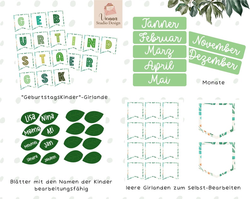 May include: Printable green and white birthday banner with the text "Geburtstagskinder" and the words "J&auml;nner", "Februar", "M&auml;rz", "April", "Mai", "November", "Dezember", and "Monate".