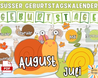 Geburtstags-Kalender für Klassenzimmer I farbenfroh I Klassenraum Deko Deutsch I niedliche Schnecken I Naturthema I Waldtiere