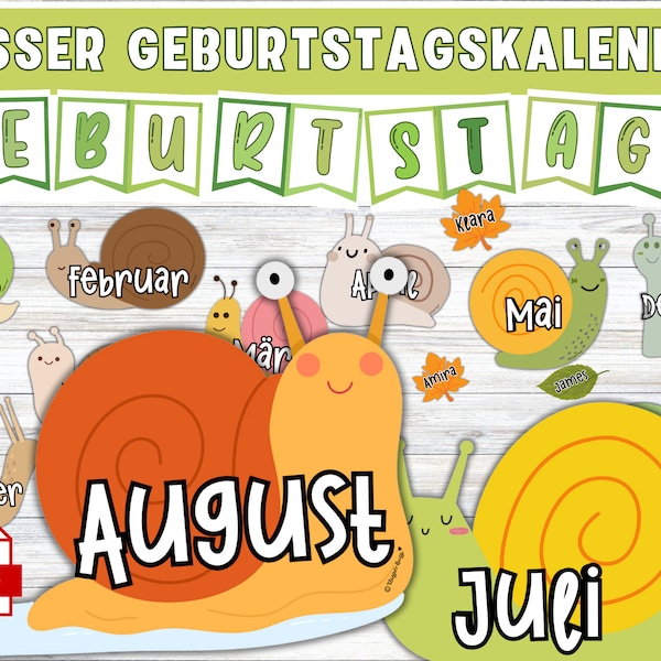 Geburtstags-Kalender für Klassenzimmer I farbenfroh I Klassenraum Deko Deutsch I niedliche Schnecken I Naturthema I Waldtiere