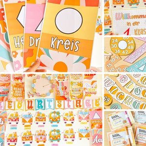 May include: A set of colourful classroom decorations with a retro 70s theme. The decorations include a welcome sign, a clock, a banner, and various other classroom supplies. The decorations feature a bus, flowers, and geometric shapes.