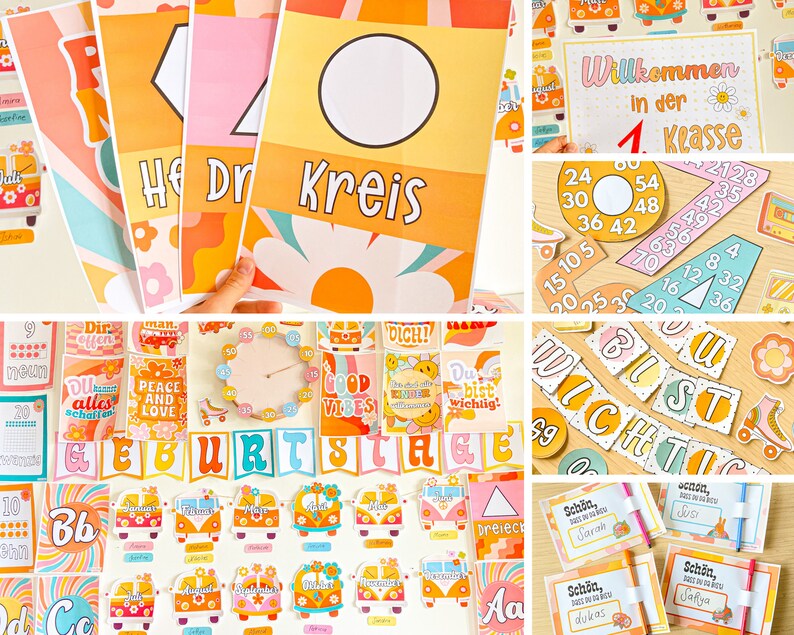 May include: A set of colourful classroom decorations with a retro 70s theme. The decorations include a welcome sign, a clock, a banner, and various other classroom supplies. The decorations feature a bus, flowers, and geometric shapes.