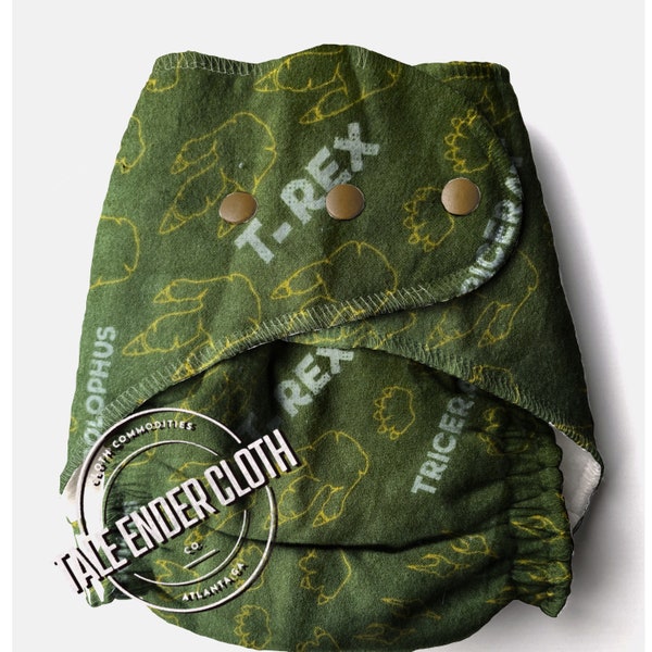Couche-culotte en coton hybride pour nouveau-né, impression de traces de dinosaures verts, taille unique, intérieur en polaire + bambou avec boutons-pression ou sans boutons-pression