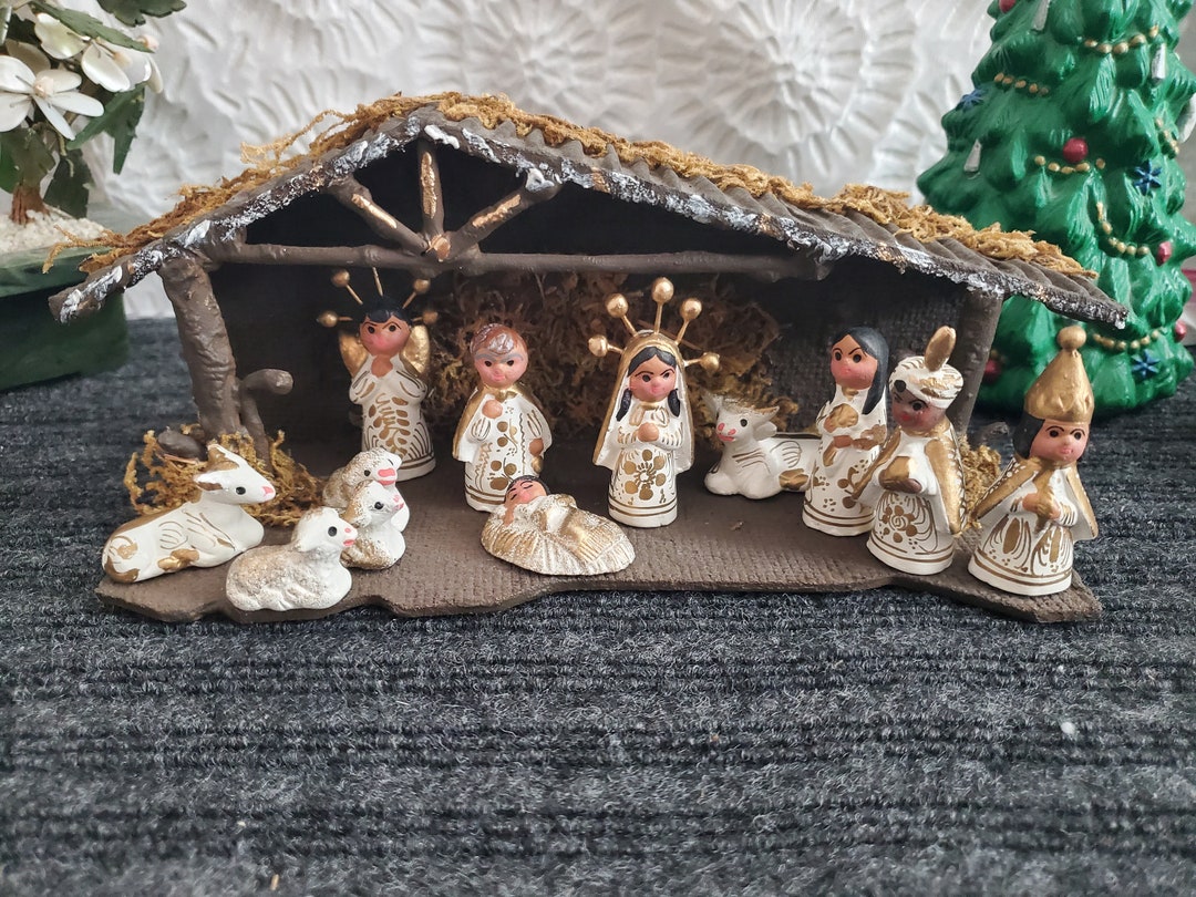 White/gold Mexican Folk Art Nativity Set Tonala Christmas Etsy