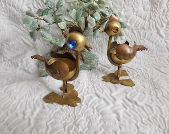 Vintage Brass Bird Art Pieces, Los Castillo Taxco Mexico 1950s or 1960s Handmade Brass, Copper Birds with Rhinestone Eyes Sculpture Ashtray