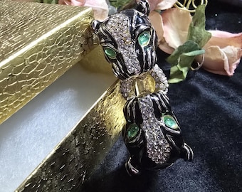 Stunning Emerald Eyed Unsigned Ciner Rhinestone Black  Panther Bracelet Vintage Clamp Hinged Bangle Bracelet 1970, Double Headed Panther