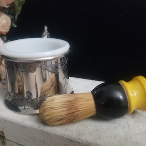 Victorian Shaving Cup & Brush Silver Plated Shaving Mug, Milk Glass Insert, Bakelite Badger Bristle Brush, Etched Floral Monogram Free
