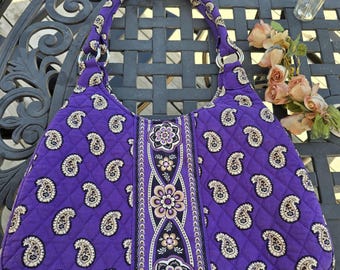 Vera Bradley Simply Violet Large Hobo Shoulder Bag, Quilted Purple Paisley Purse, Pre-owned Vintage Retired Pattern