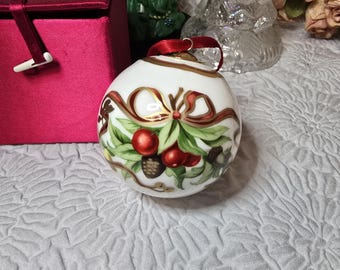 Rare Vintage 90s Tiffany & Co. Porcelain Holiday Ball Ornament | Discontinued Mistletoe Holly Pattern | White Fine China Christmas Decor