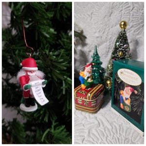 May include: A Santa Claus nutcracker ornament wearing a red suit and hat, holding a white scroll with the year 2000 and names written on it. A second image shows a gnome figurine, a small green tree, and a Keepsake Ornament Collectors Club box.