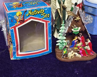 1980s Hard Plastic Nativity Scene, Vintage Bradford Novelty Christmas Nativity, Mini Desk Nativity, MCM Christmas with Box