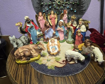 Vintage 1950s Nativity Mary, Baby Jesus, Joseph, 3 Wiseman, Shepard, Sheep, Donkey, Bull, Camels and Angels all Chalkware / Paper Mache