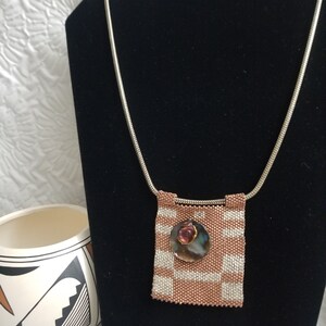 Seedbead Artisan Necklace, Vintage Contemporary Brick Stitch Copper & Gold/Silver Seed Bead Weaved Panel with Abalone Shell Native Made Bild 3