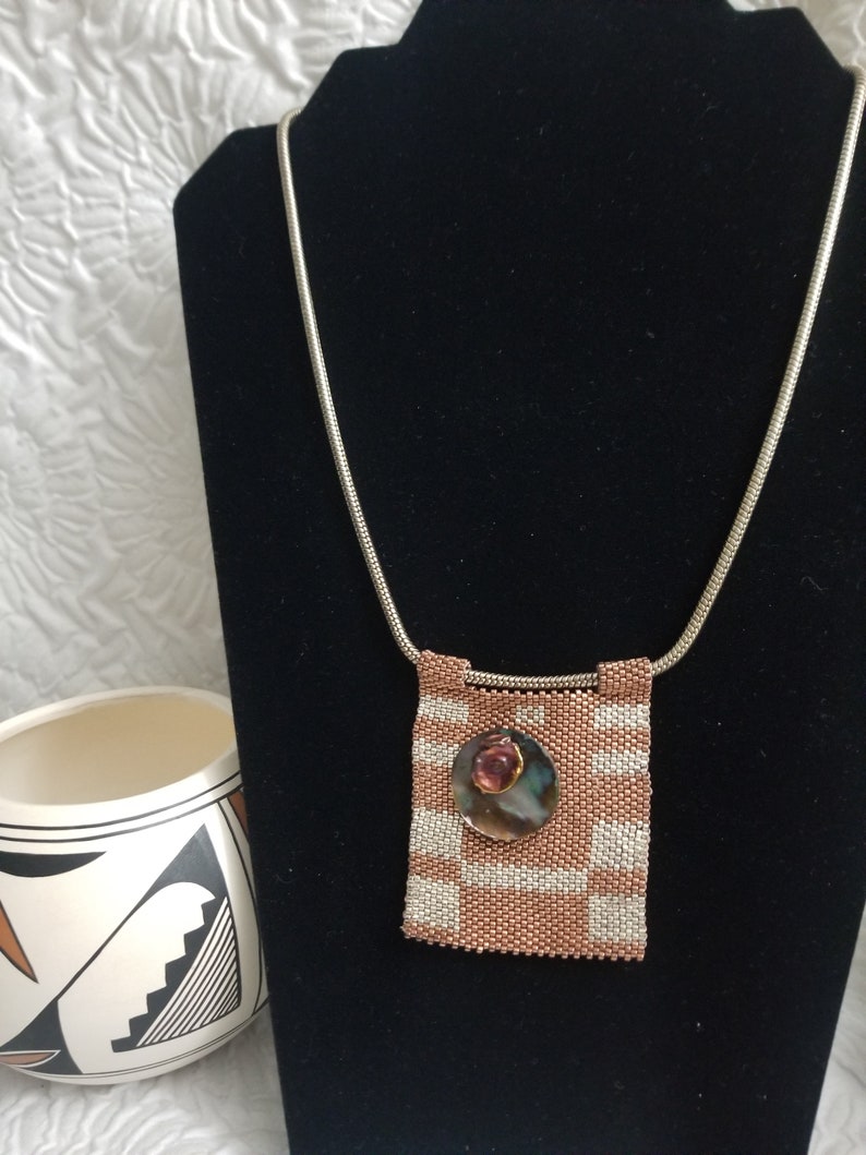 Seedbead Artisan Necklace, Vintage Contemporary Brick Stitch Copper & Gold/Silver Seed Bead Weaved Panel with Abalone Shell Native Made Bild 3