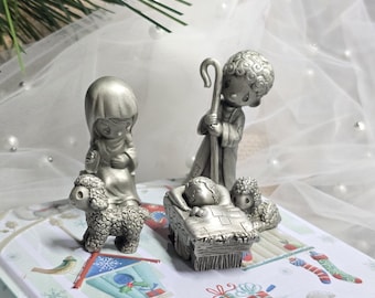 RARE Enesco Precious Moments Pewter Nativity Set, Come Let us Adore Him, Vintage 5pc Set 1981 Pewter Mini, Miniature Nativity, Shadow Box Sz