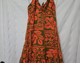 Vintage 70s Kio Honolulu Halter Dress Orange & Olive Green Tropical Hibiscus, Ruffle Hem Sun Dress, Size Jr 13/14 Fits  Women's SM/Med