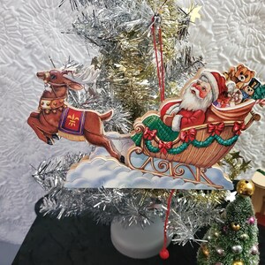 Articulated Christmas Ornament Pull String, Flat Wooden Double Sided Ornament, Santa Claus on Sleigh Ornament, 1990s