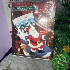 Felt Applique Christmas Stocking. Craft Christmas Stocking Bead, Sequin Santa Claus Stocking Frosty Lake DIY Craft