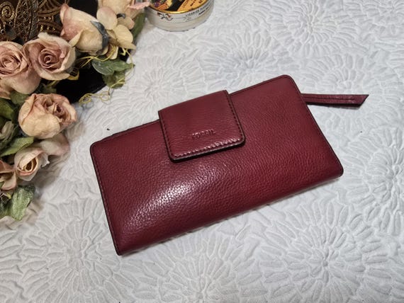 Vintage Fossil Logan Tab Clutch Wallet - Berry/Burgundy Never Used, RFID Security, Leather Wallet