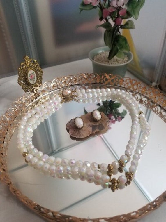 Vintage 60's AB Milk Glass Double Strand Necklace & Earrings, Aurora Borealis Faceted Czech Milk Glass Bead Necklace, Rainbow Milk Glass