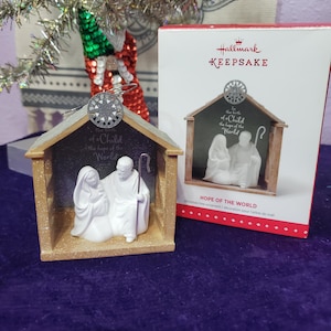 Hallmark Keepsake Holy Family Ornament, Hope of the World Mary, Joseph and Baby Jesus in Stable Christmas Ornament