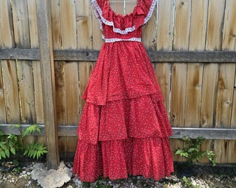 Vintage 70s Flirtations Alfred Angelo Red Hearts Prairie Belle Gown Tiered Chiffon Maxi Dress Size XS 24" Waist, Built in Petti Coat