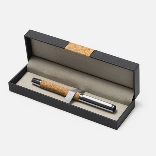 Promotional roller pen in natural cork and steel.