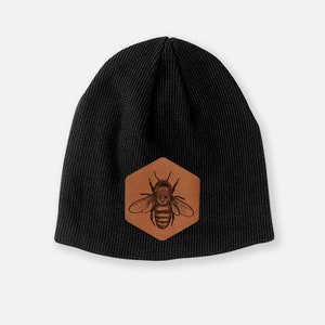 Honey Bee Organic Cotton Beanie - 2 Colors - Vegan Leather Patch - Bee Lover Gift, Beekeeper Present