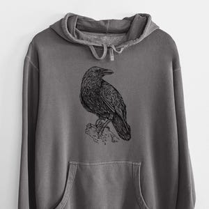 Raven Bird Pigment Dyed Soft Hoodie Sweatshirt - Bird Lover Gift, Graphic Hoodie, Hand drawn art, Black Bird