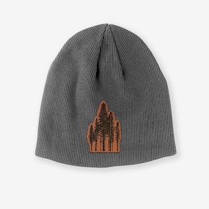 Evergreen Trees Organic Cotton Beanie - 2 Colors - Vegan Leather Patch - Nature Lover Gift, Hiking Present