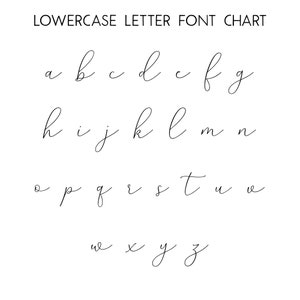 May include: A white background displays a lowercase letter font chart. The text "LOWERCASE LETTER FONT CHART" is at the top. The letters a through z are shown in a cursive style, in black ink.