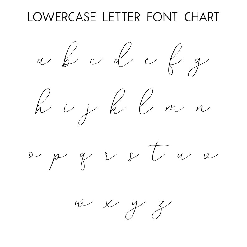 May include: A white background displays a lowercase letter font chart. The text "LOWERCASE LETTER FONT CHART" is at the top. The letters a through z are shown in a cursive style, in black ink.