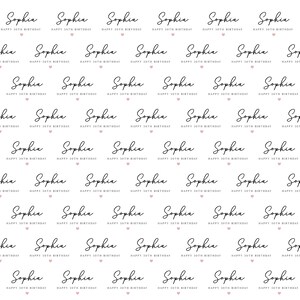 May include: White wrapping paper with a repeating pattern of the name "Sophia" in a cursive font, with "HAPPY 20TH BIRTHDAY" below each name. Small pink hearts are scattered throughout the design.