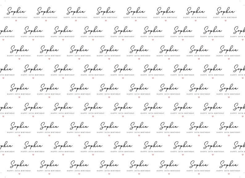 May include: White wrapping paper with a repeating pattern of the name "Sophia" in a cursive font, with "HAPPY 20TH BIRTHDAY" below each name. Small pink hearts are scattered throughout the design.