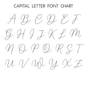 May include: A black and white capital letter font chart. The chart displays the alphabet from A to Z in a cursive style. The text "CAPITAL LETTER FONT CHART" is at the top.
