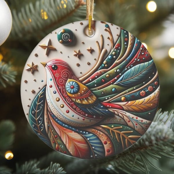Bird Of Many Colors Ceramic Christmas Ornament, Flat Surface not 3D