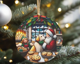 Santa and Dog Ceramic Christmas Ornament Stained Glass looking