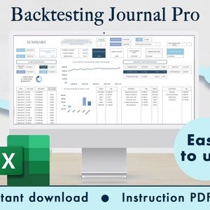Backtesting Journal Pro Excel Spreadsheet Template Stocks Forex Crypto Commodities Dashboard Tracker | Blue