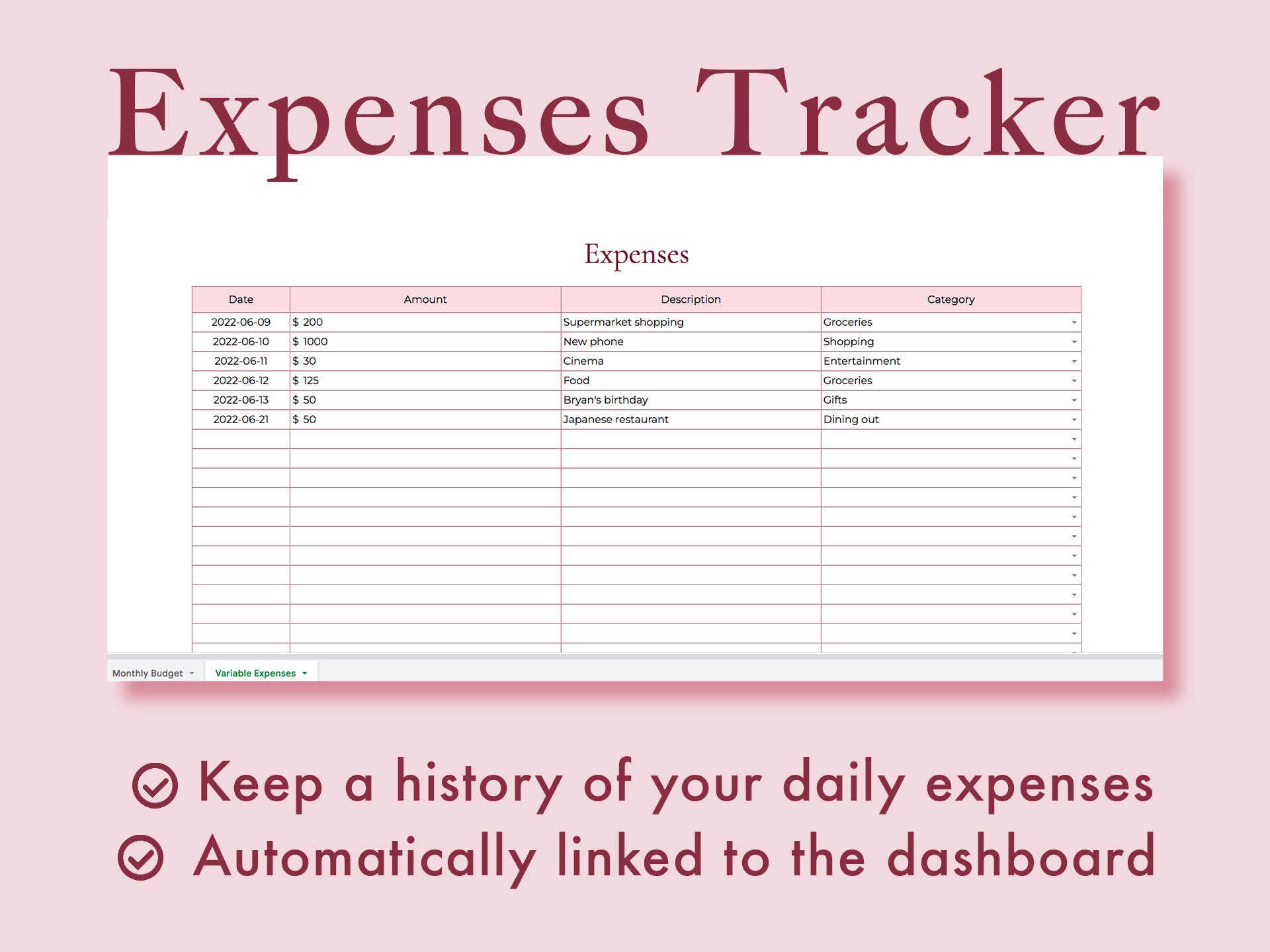 Monthly Budget Spreadsheet Google Sheets Template pink - Etsy
