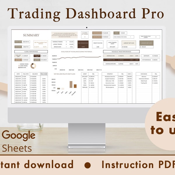 Trading Journal Pro Google Sheets Spreadsheet Template Forex Crypto Stocks Commodities Dashboard Tracker | Brown